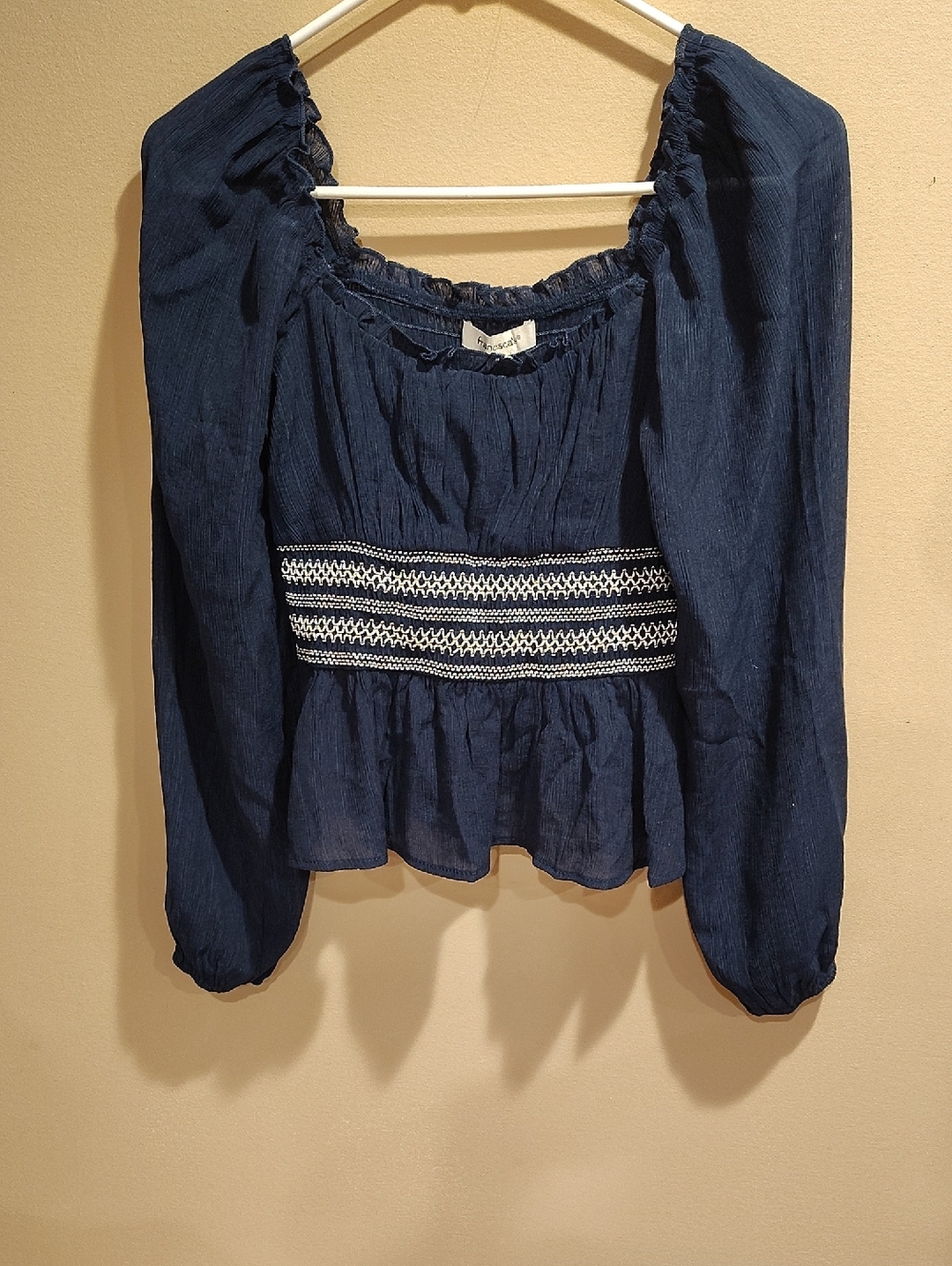 Francesca's Collections Navy Peasant Top with White Smocked Band